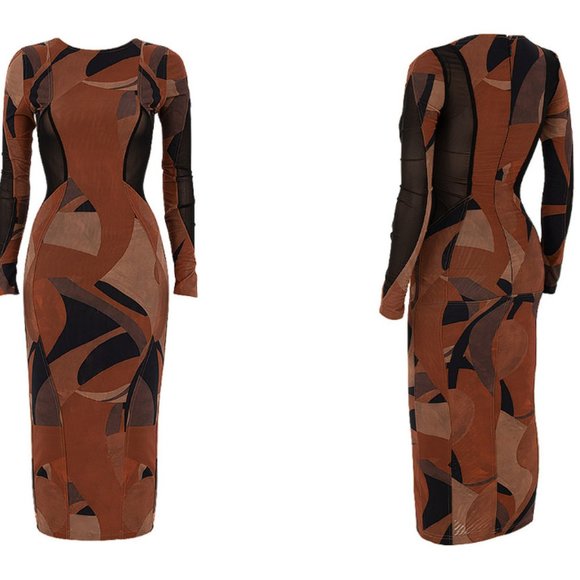 House of CB 'Cassidy' Brown Mesh Printed Long Sleeve Midi Dress NWOT - Picture 11 of 16